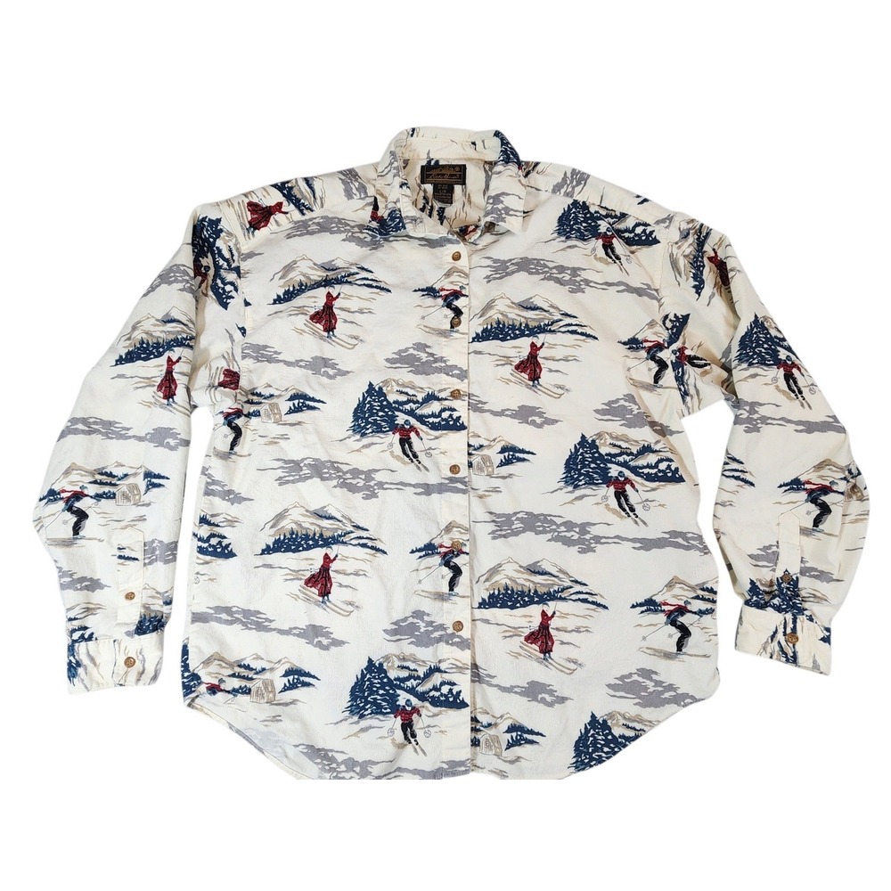 Eddie Bauer Corduroy Shirt Women Large Cream Vintage Ski Print Button Down